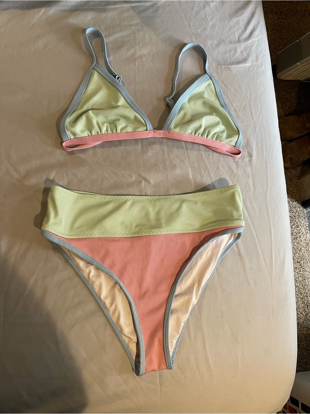 Two-Tone Triangle Bikini Set in Pastel Lime & Peach
